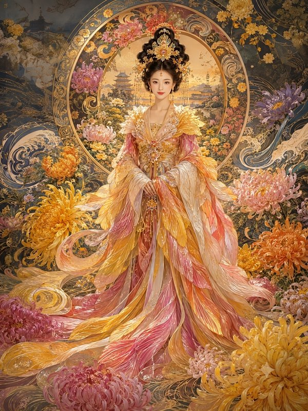 Ornate portrait of a regal East Asian empress in shimmering gold-pink hanfu, surrounded by chrysanthemums and gilded