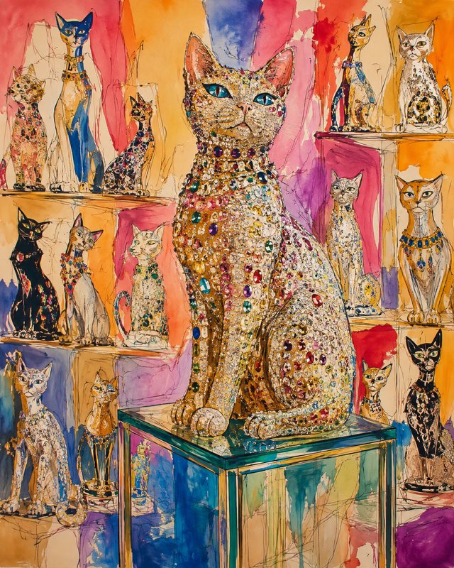 Watercolor illustration of a large gem-encrusted cat figurine centered on a glass stand, surrounded by shelves of