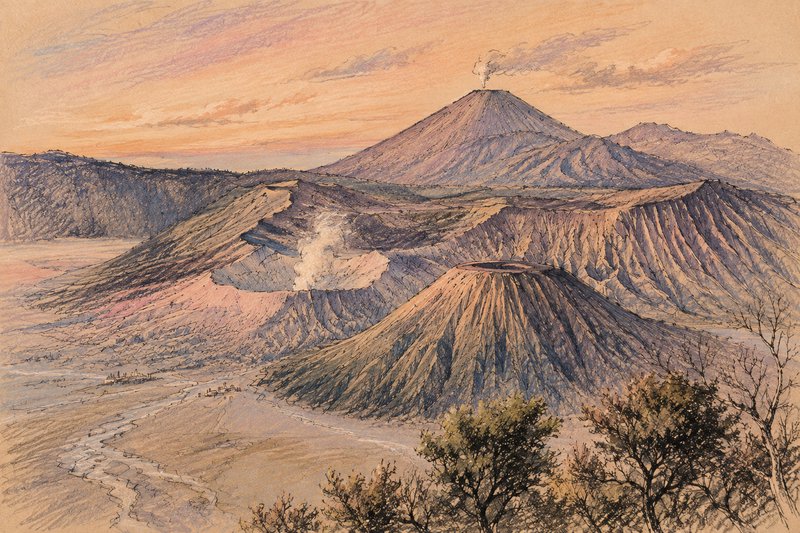 Vintage watercolor sketch of Mount Bromo volcanic caldera at golden hour, with smoking craters and foreground savanna trees