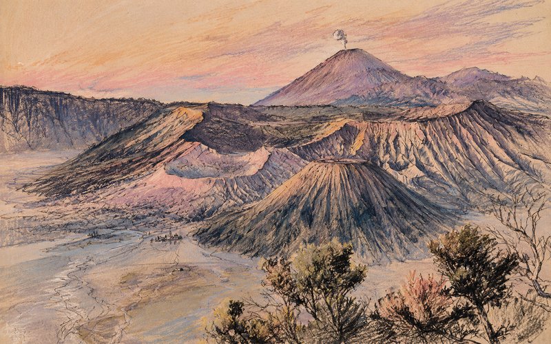 [Vintage landscape sketch of Mount Bromo volcanic caldera at pastel dawn, with a smoking active volcano peak in the distance]