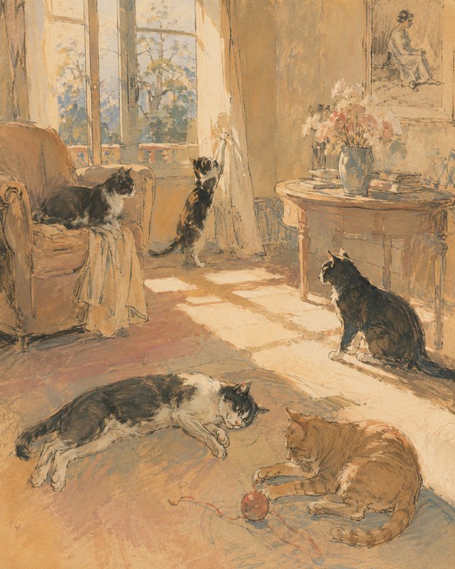 Vintage watercolor of five playful house cats relaxing and playing in a sunlit cozy living room interior