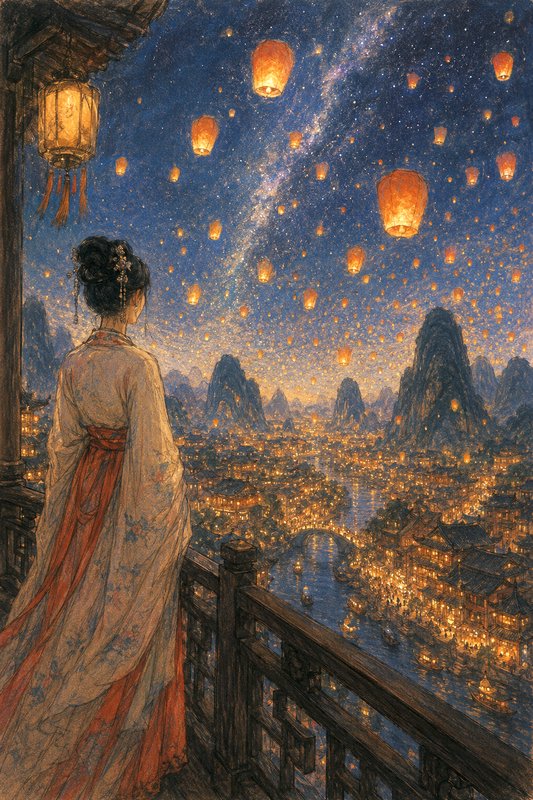 Woman in traditional hanfu stands on a balcony gazing at floating sky lanterns over a lit ancient city under a starry