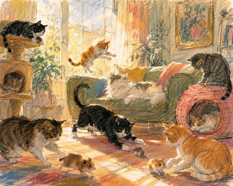 [Impressionistic pastel illustration of a sunlit cozy living room full of playful domestic cats and small pets]