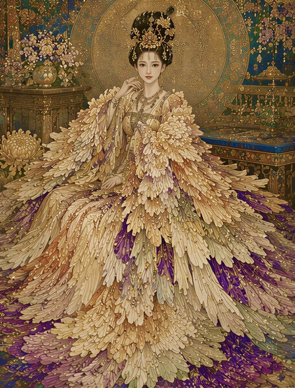 Regal East Asian empress seated on an ornate gilded throne, wearing an elaborate feathered royal gown and gold