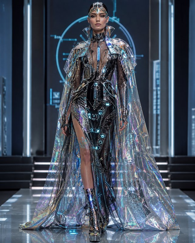 Model walks a glossy futuristic runway wearing avant-garde cyberpunk couture with iridescent holographic cape and tech