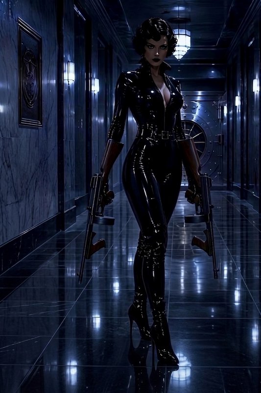 Retro femme fatale in shiny black latex catsuit holds dual submachine guns in a dark marble bank vault hallway