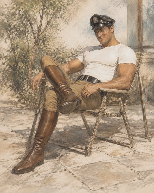 Watercolor portrait of a muscular man in a vintage service cap relaxing in an outdoor folding chair