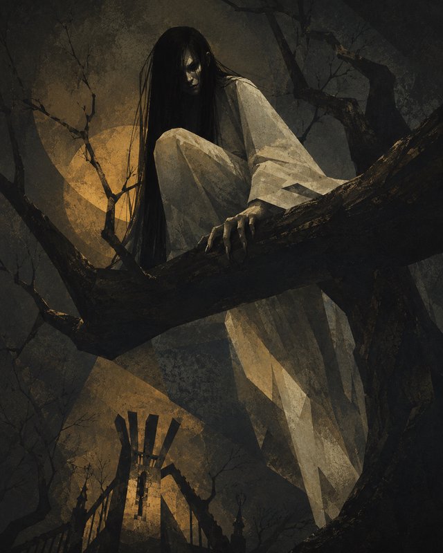 Gothic horror illustration of a ghostly long-haired spirit perched on a gnarled tree branch under a glowing full moon