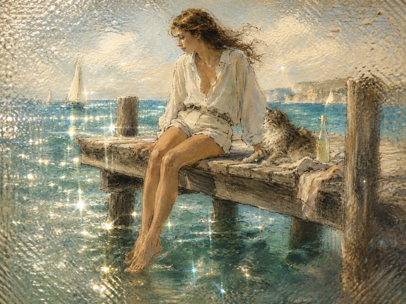 Impressionist painting of a woman sitting on a wooden sea dock, dipping her feet in sparkling turquoise water beside