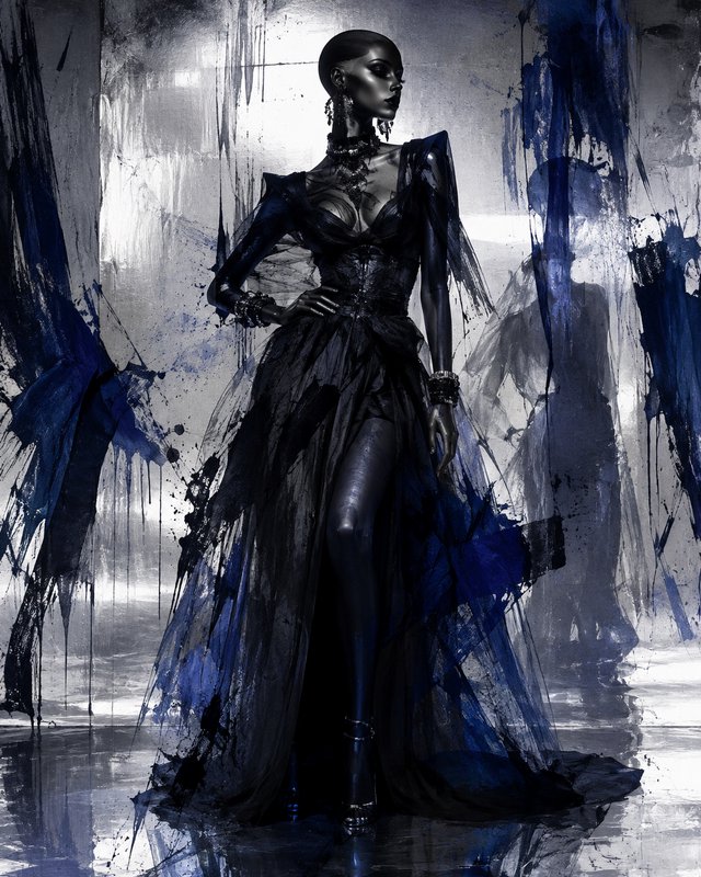 Bald metallic futuristic model in dramatic black and blue tulle couture gown poses against abstract ink-splatter studio