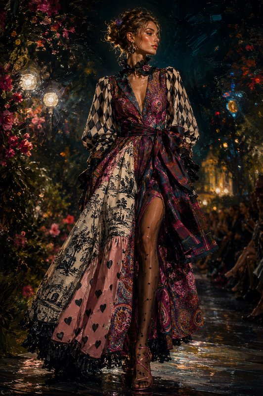 Model walks wet fashion runway wearing an eclectic mixed-print couture gown, against a moody floral lit show backdrop