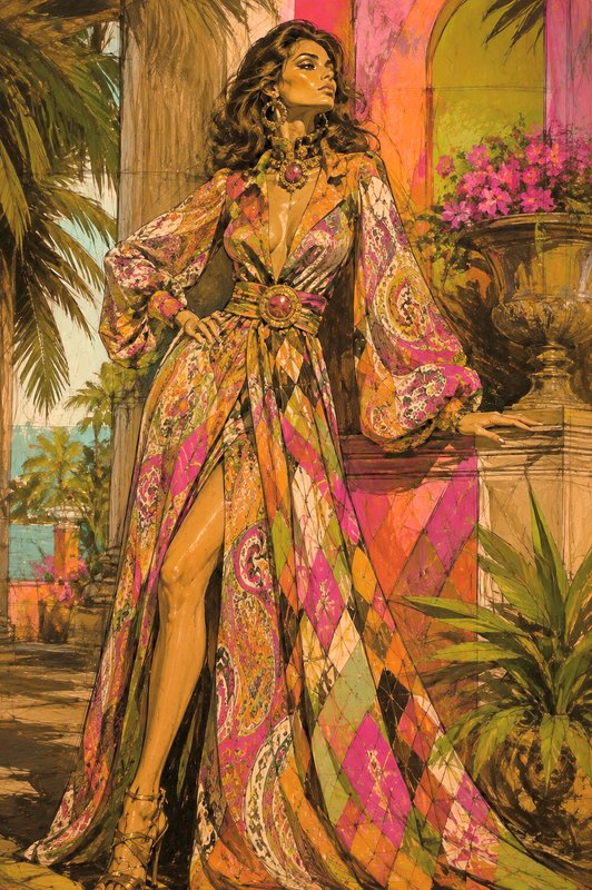 Retro fashion illustration of glamorous woman in bold patterned maxi dress standing on a tropical sunlit villa terrace