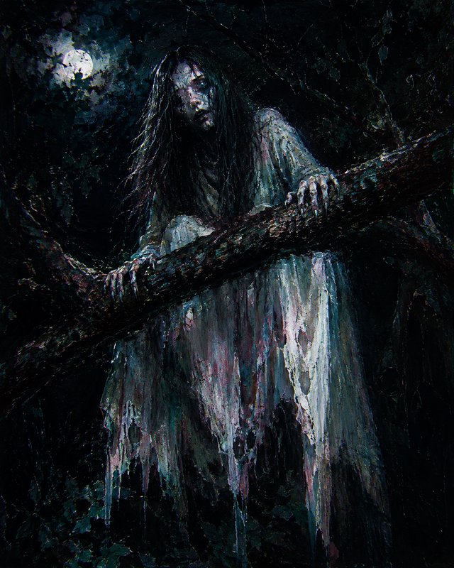 Eerie undead female ghost in a tattered gown clings to a tree branch, set in a moonlit dark spooky horror forest painting.