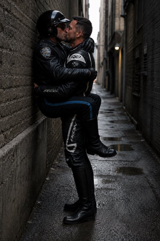 Two men in black motorcycle leather gear kiss, one holding the other against a brick wall in a narrow wet urban alley.