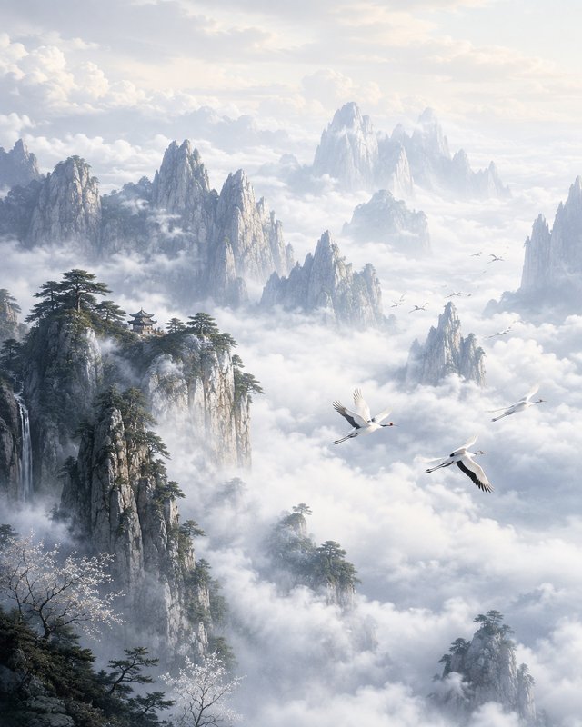 Ethereal misty mountain landscape with sea of clouds, flying red-crowned cranes, and cliffside traditional pagoda