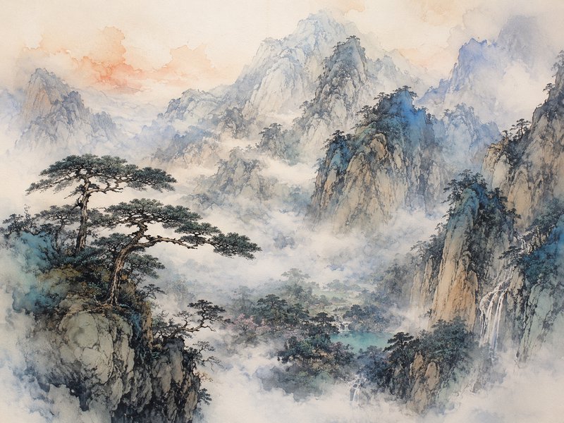 Traditional Chinese shan shui landscape painting of misty Huangshan peaks, ancient pine trees, cascading waterfalls