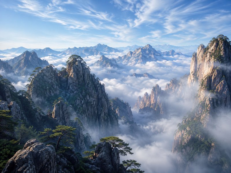 Jagged Huangshan mountain peaks dotted with pine trees rise above a rolling sea of clouds under a wispy bright blue sky.
