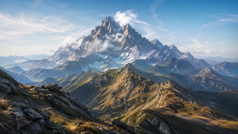 [Jagged snow-capped alpine peak wreathed in wispy clouds, with layered rugged mountain ranges lit by golden hour sunlight ...