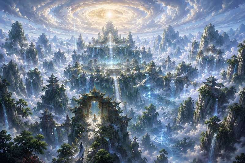 Xianxia fantasy celestial heavenly palace perched above misty mountain peaks, glowing golden spiral sky, robed