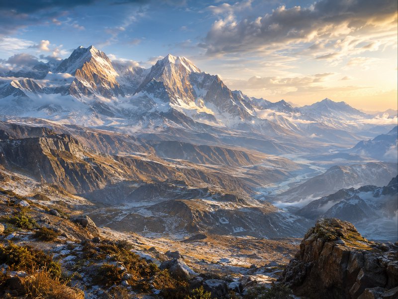 Golden hour sunrise illuminates snow-capped Himalayan peaks overlooking a winding glacial valley under a dramatic cloudy sky.