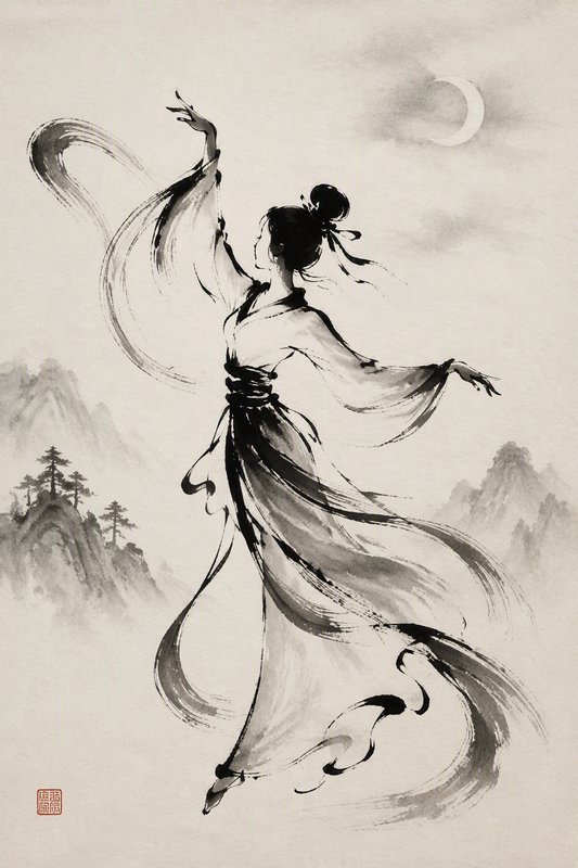 Traditional sumi-e ink wash painting of a graceful dancing hanfu woman, misty mountains and crescent moon background