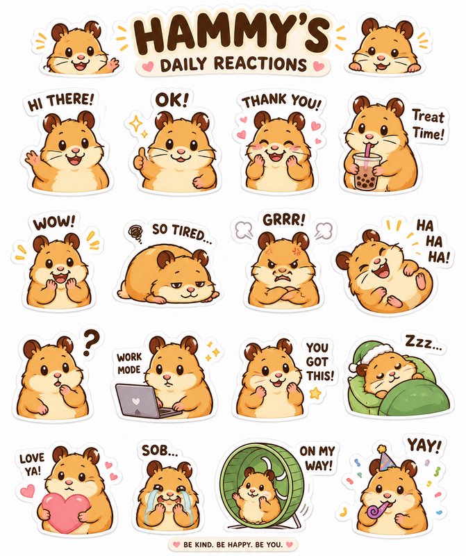 Sticker sheet titled Hammy's Daily Reactions featuring cute chibi golden hamsters displaying assorted relatable
