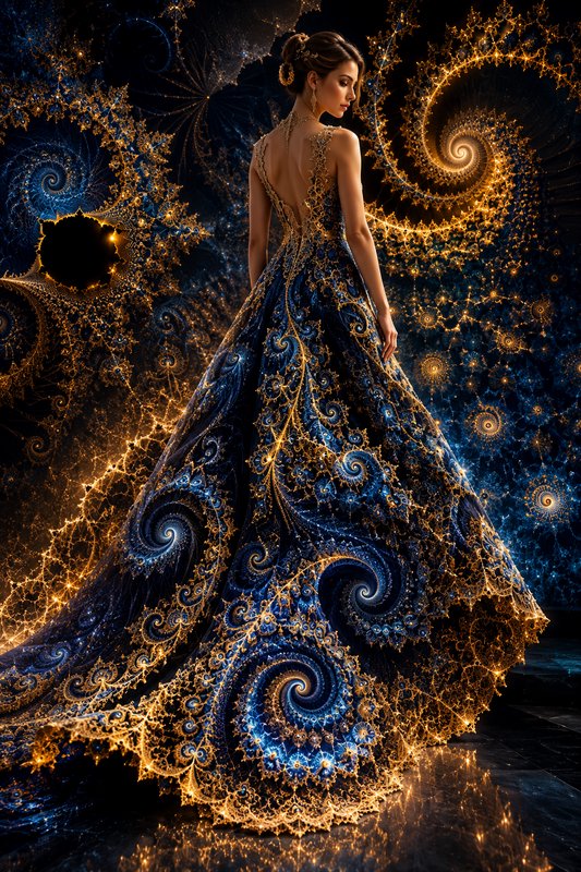 Elegant woman in an ornate glowing blue and gold fractal ball gown stands against a swirling cosmic spiral background