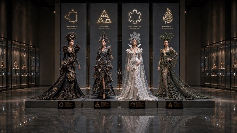 Four models in fractal-themed avant-garde couture gowns stand on pedestals in a sleek luxury gallery exhibition.