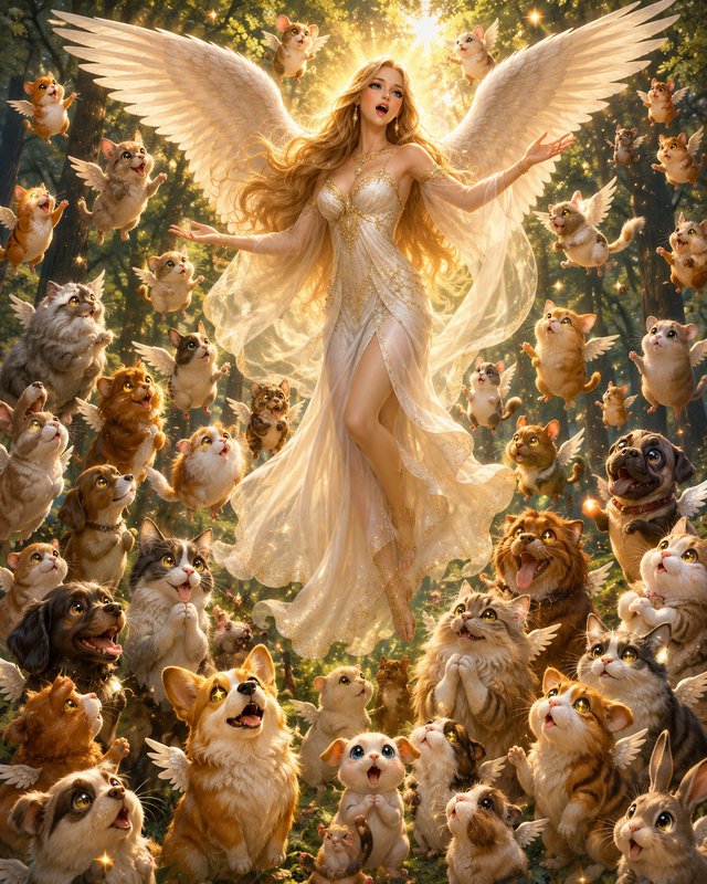 Luminous golden-winged angel floats surrounded by joyful winged cats, dogs, and small animals in a sunlit magical forest.