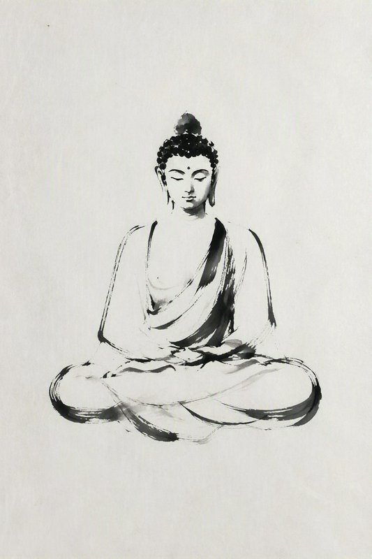 Sumi-e ink wash illustration of a serene seated Buddha in cross-legged lotus meditation posture against a plain light