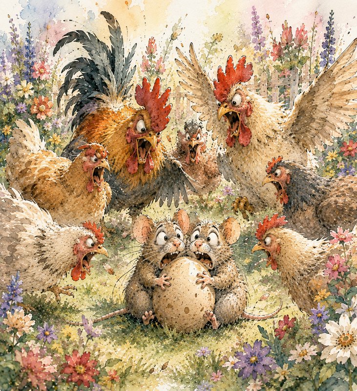 [Whimsical watercolor of squawking angry chickens surrounding two nervous mice holding a stolen egg in a flower garden]