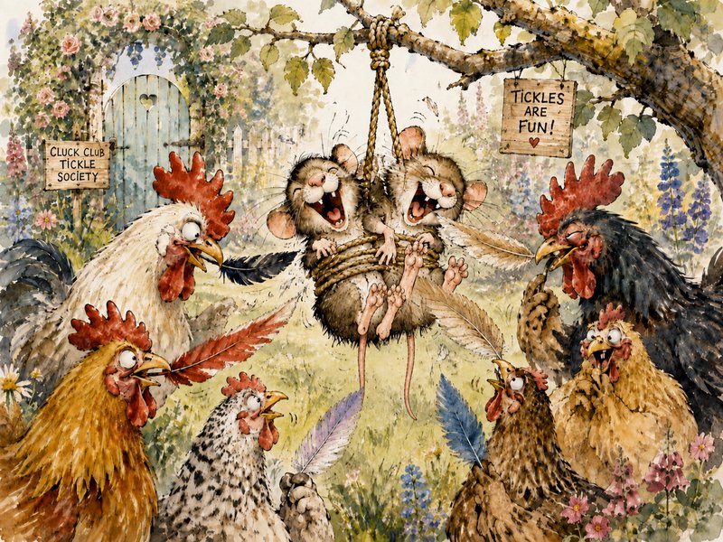Whimsical watercolor of laughing rope-tied mice being tickled by comical chickens in a flowery cottage garden.