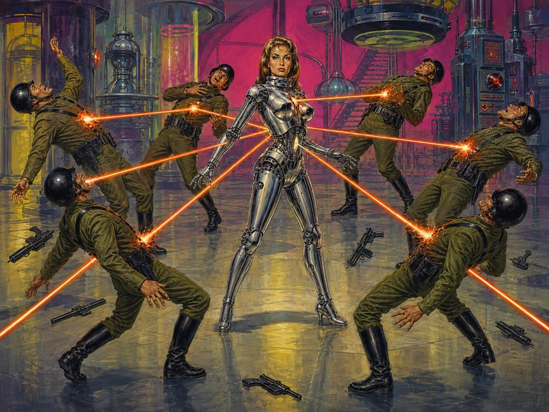 [Retro sci-fi illustration of a shiny chrome female cyborg firing orange lasers at soldiers inside a futuristic lab]