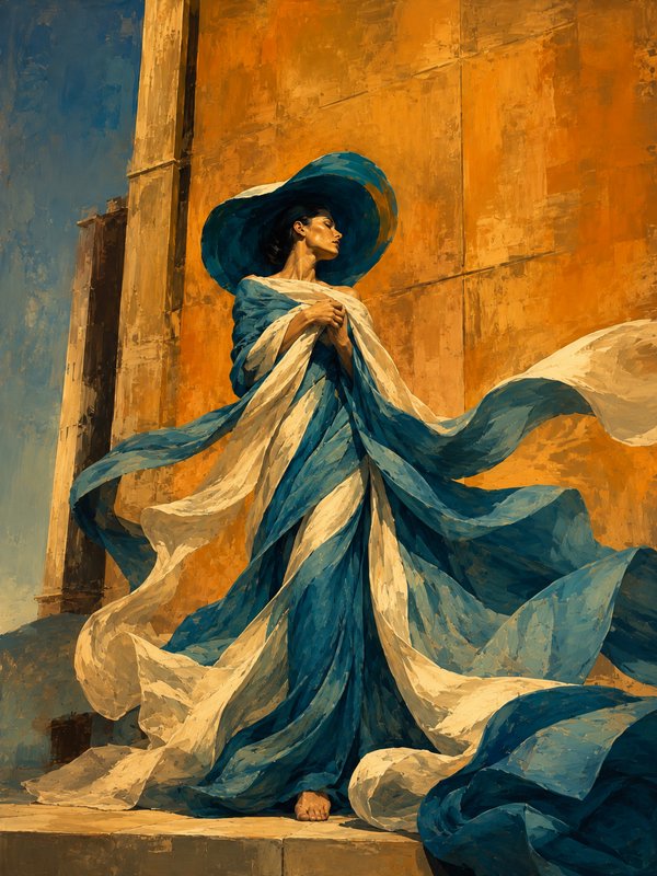 Elegant woman in wide teal hat and wind-swept flowing gown stands against golden ancient stone architecture