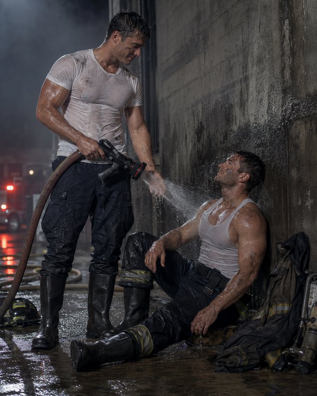 Standing firefighter sprays water on his seated resting teammate to rinse off after an emergency response next to a concre...