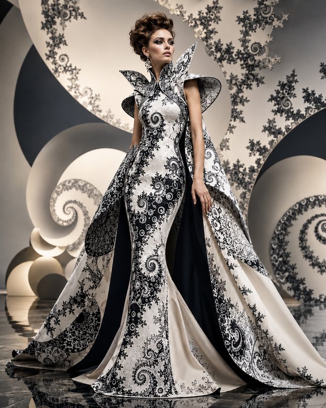 Poised model in ornate black and white spiral-patterned avant-garde couture gown against a swirling abstract fractal