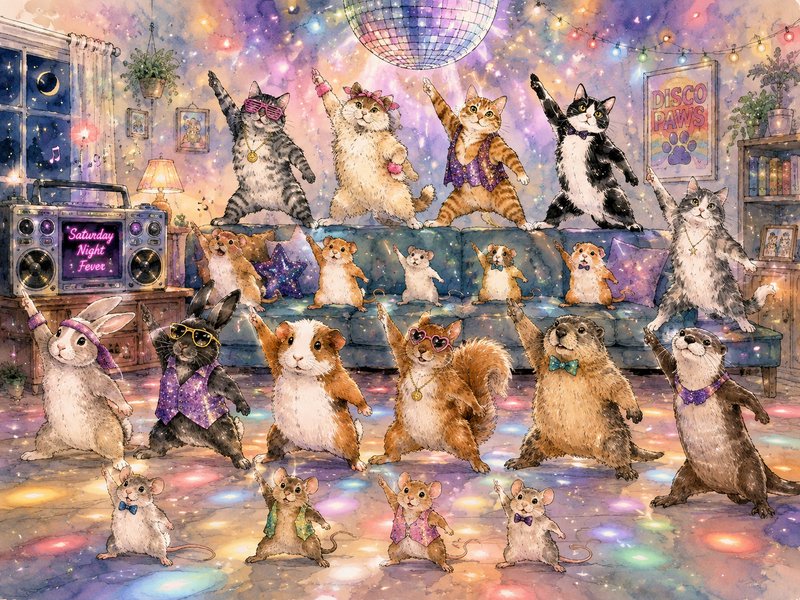 Whimsical watercolor illustration of costumed anthropomorphic animals dancing at a cozy retro disco house party under a
