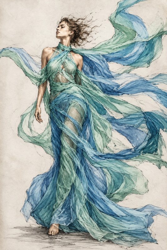 Watercolor sketch of a serene barefoot woman in billowing sheer blue-green gown, hair blowing in wind against a pale neutr...
