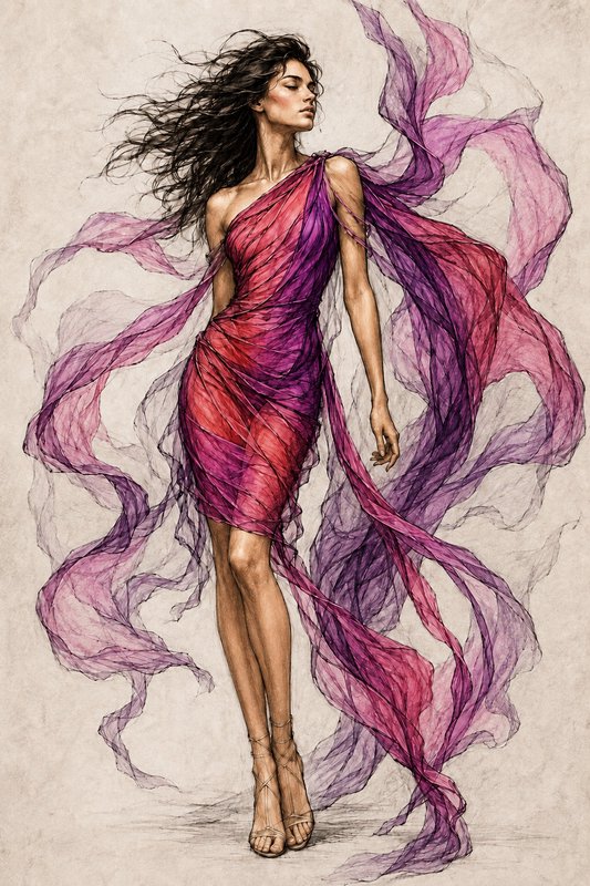 Elegant fashion illustration of a woman in a flowing sheer pink-purple gown with wind-blown dark hair