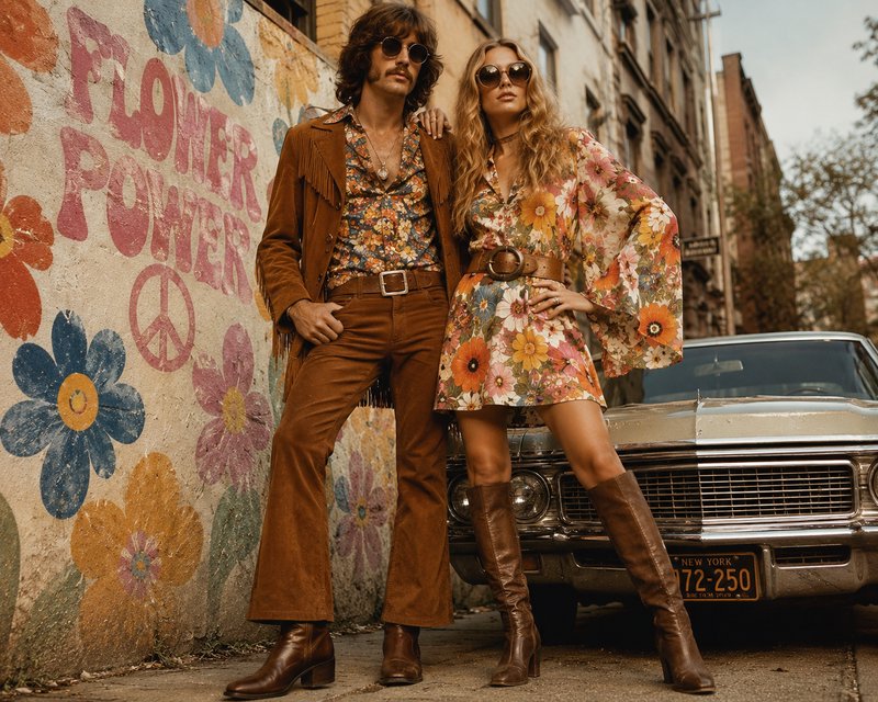 Retro 1970s couple in hippie fashion pose next to Flower Power graffiti and a vintage sedan on a city sidewalk.