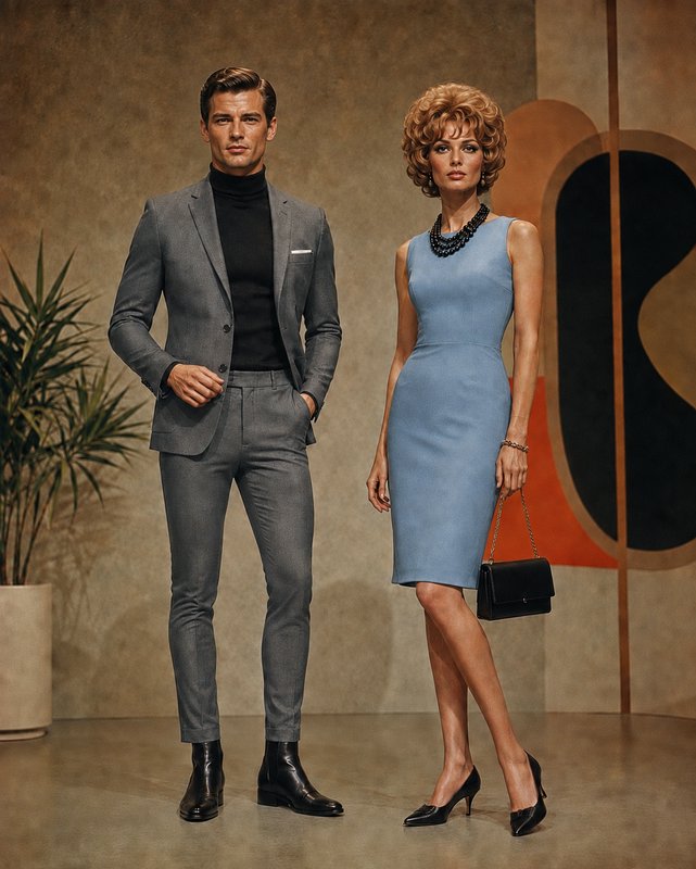 Retro mid-century fashion portrait of a stylish couple in 1960s formal attire posing in a warm toned studio setting