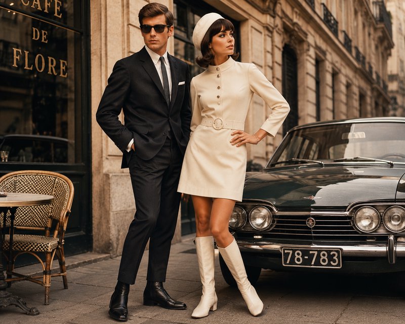 Stylish 1960s-dressed couple pose outside Paris' Cafe de Flore beside a glossy dark vintage classic car.