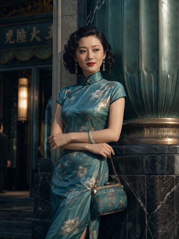 [Elegant 1930s Shanghai woman in teal floral qipao leans against an art deco building column holding a vintage handbag]