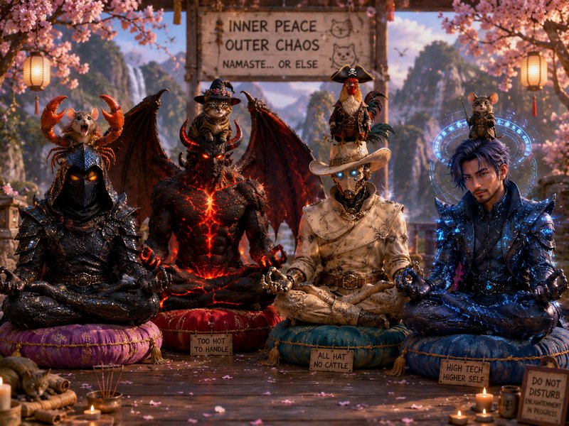 Surreal fantasy group meditating cross-legged, quirky stacked animal companions, funny signs, cherry blossom mountain