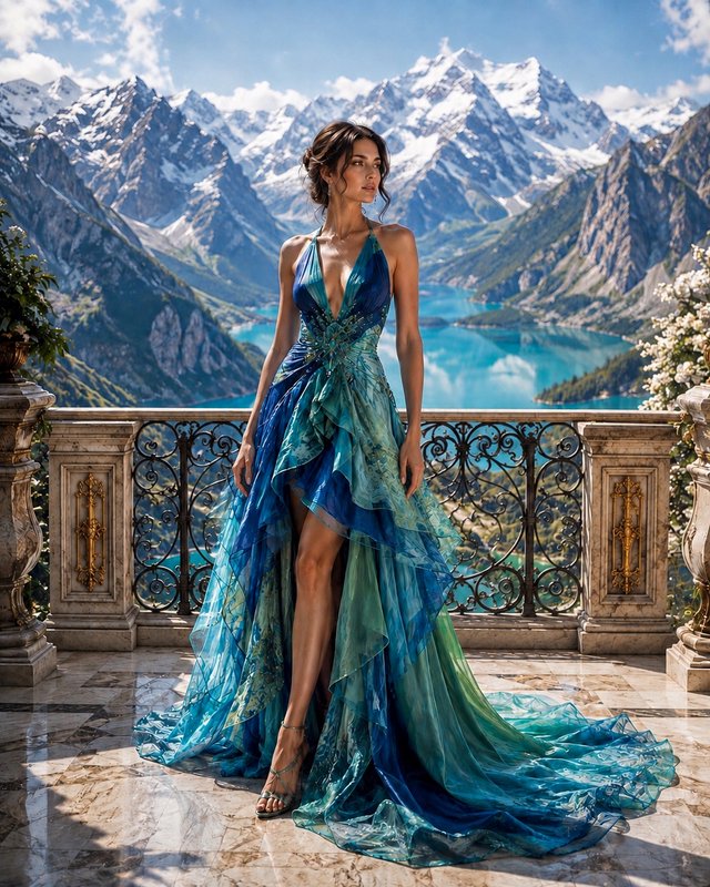 Model in blue-green ombre evening gown stands on an ornate marble terrace overlooking a turquoise alpine lake and