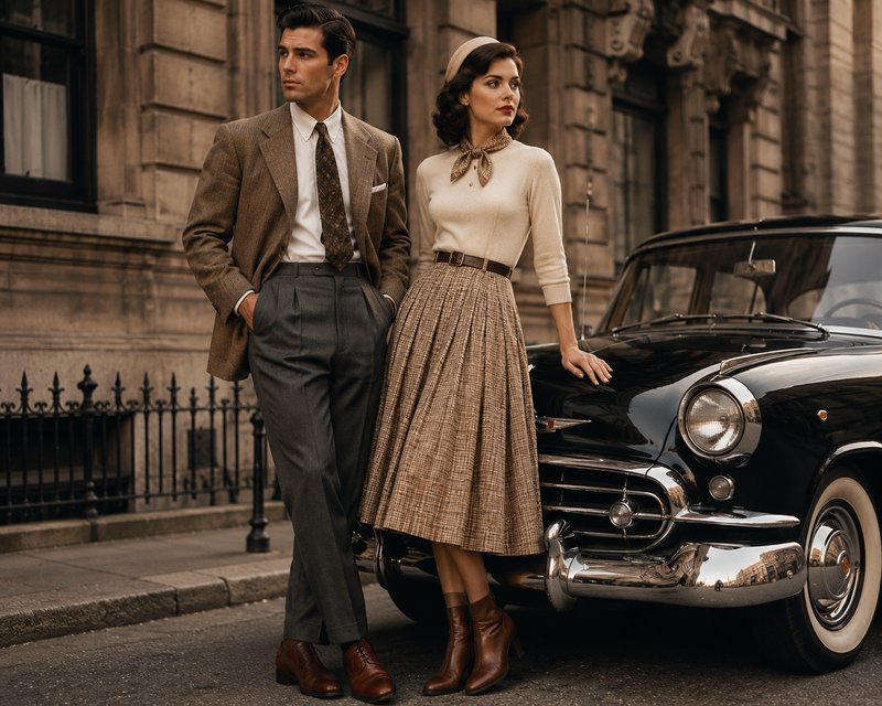 1950s vintage dressed couple posed next to a polished black classic sedan on a historic city street