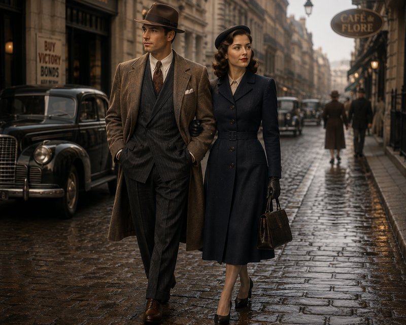 Elegant 1940s couple walk arm-in-arm on a wet cobblestone Paris street lined with vintage cars and historic storefronts.