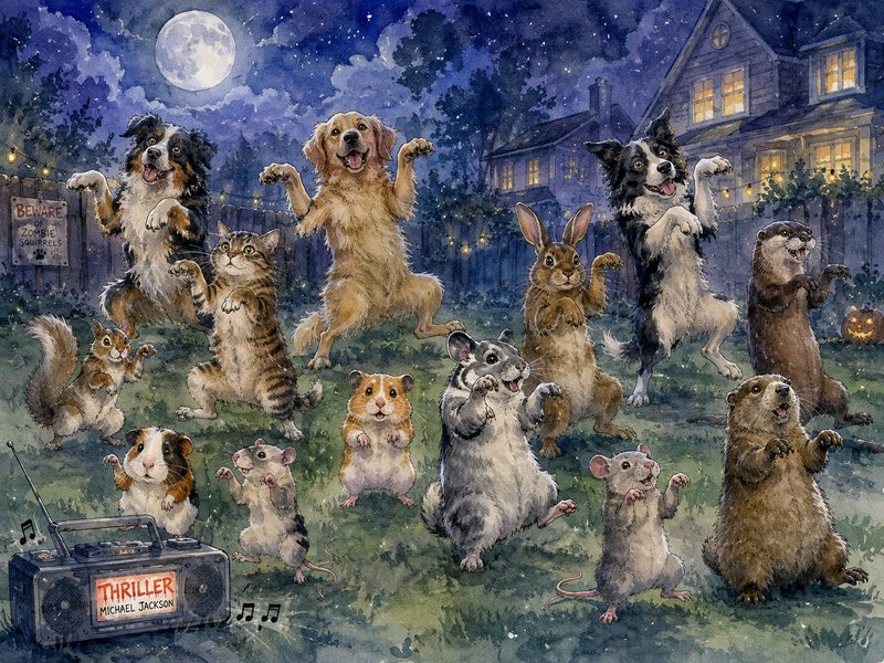 Whimsical watercolor of backyard animals performing the Thriller zombie dance under a glowing full moon on Halloween night