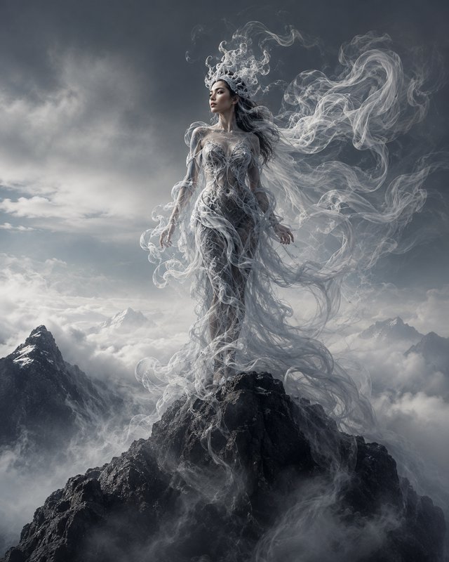 Ethereal ice goddess in a swirling mist gown stands atop a rocky mountain peak above a cloudy alpine landscape