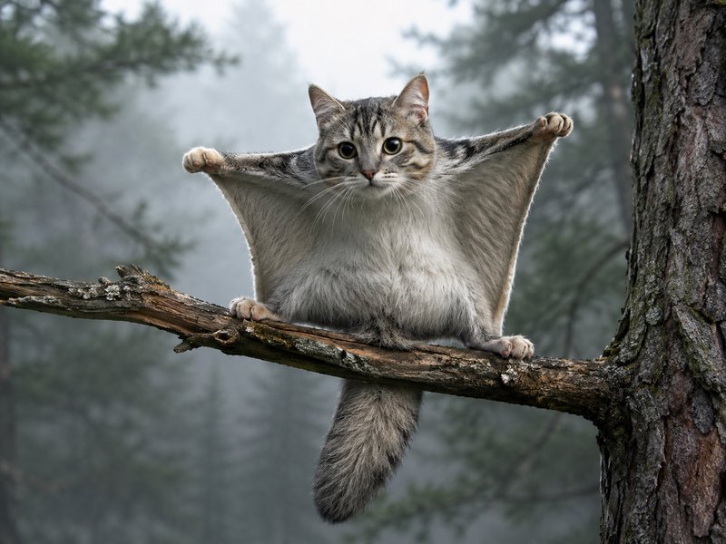 Surreal tabby cat flying squirrel hybrid perched on a gnarled tree branch in a misty foggy pine forest.